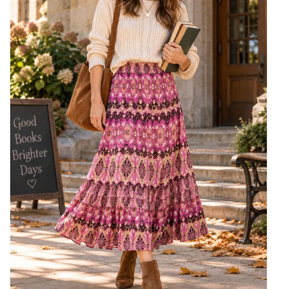 Jaclyn Smith XL Boho Tiered Midi Skirt Pink Paisley Print Elastic Waist Y2K